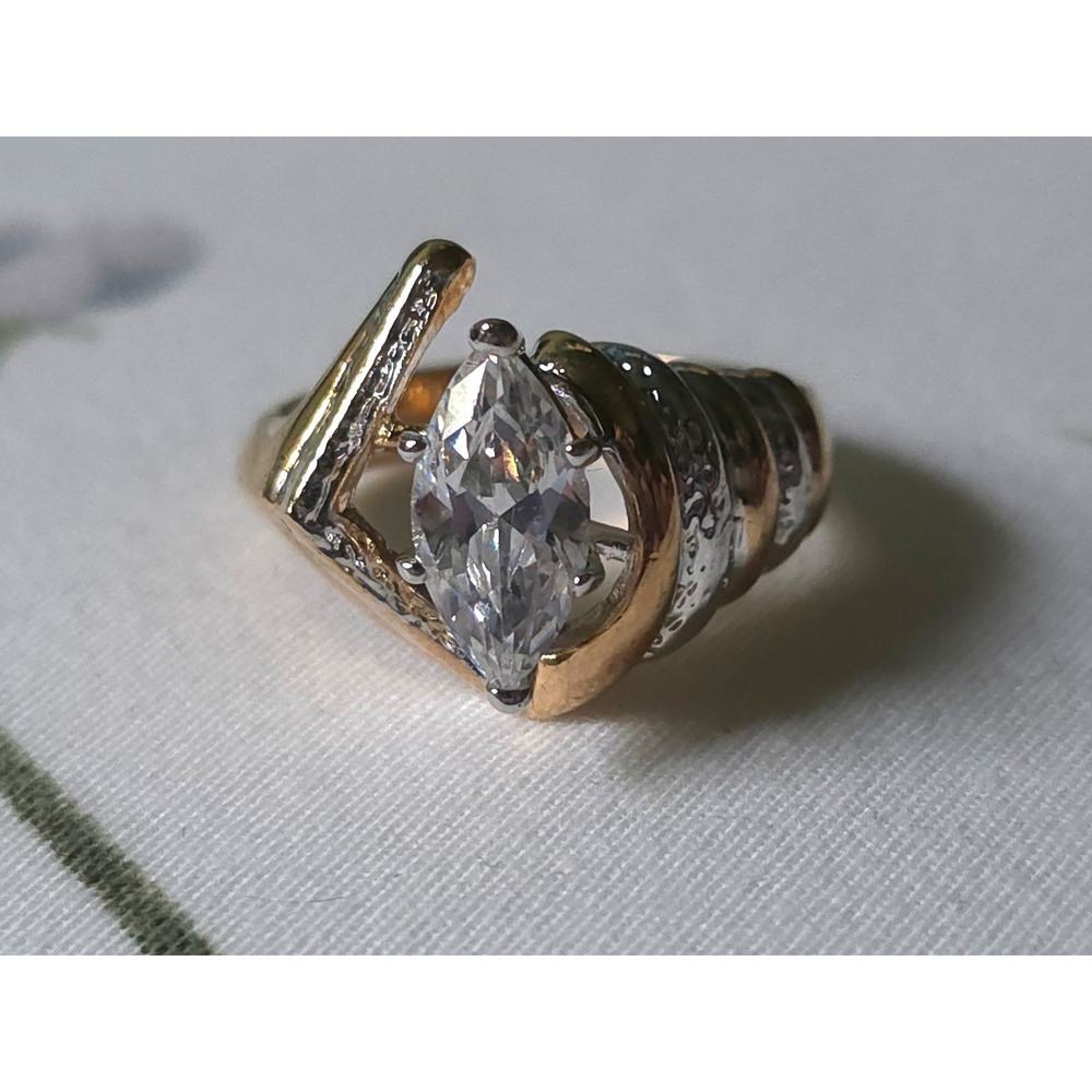 Vintage Marquise Cut Bypass Ring Two Tone Gold Silver Statement Size 7.5